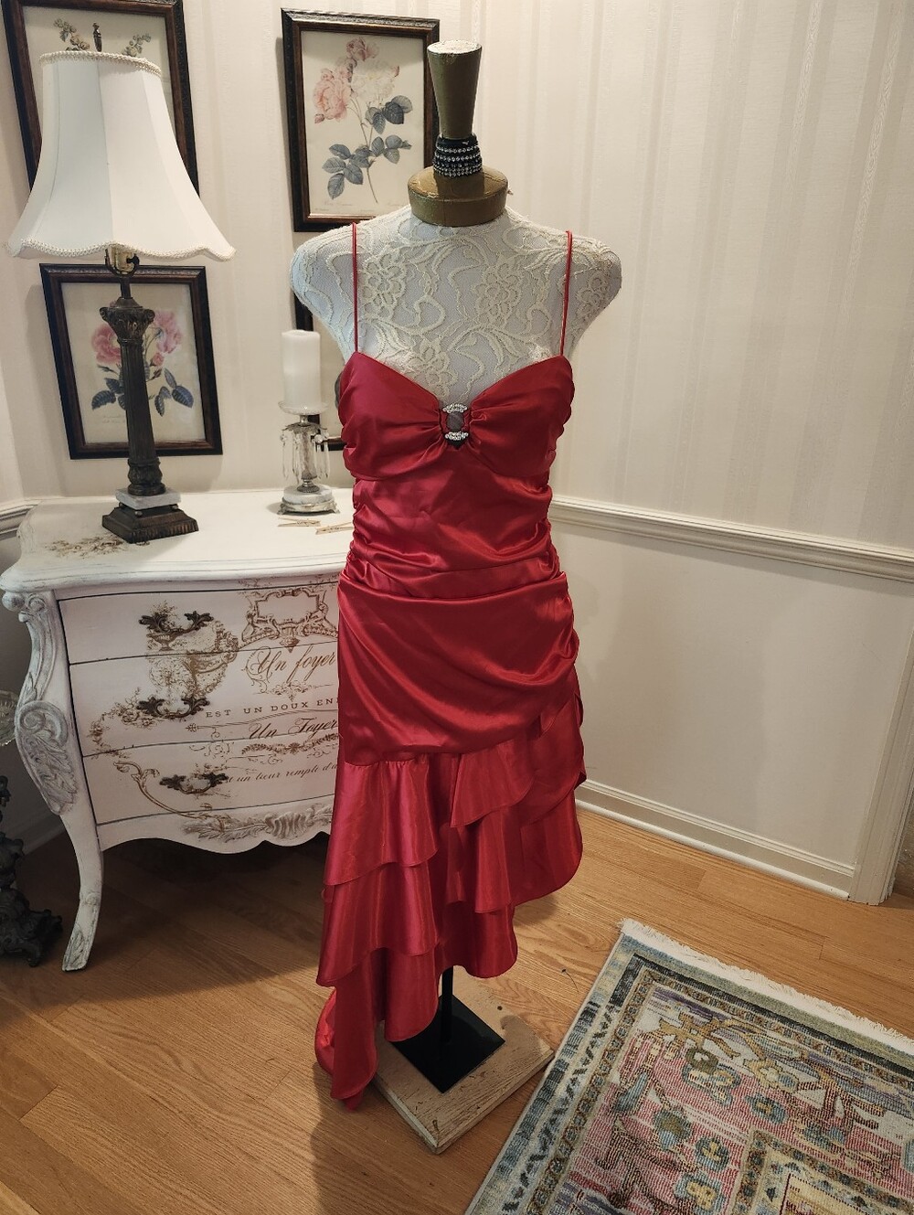 Vintage Flamenco Red Satin Ballroom Dance Dress Stage Show Lounge M
